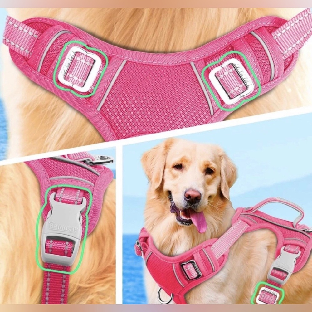 BarkBay No Pull Dog Harness Reflective, Front/Back Clip, Easy Control Pink Large